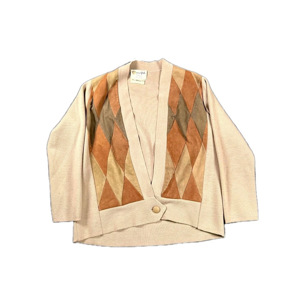 VTG Marc O'Polo Cardigan Sweater Women M Tan Suede Patchwork Wool Boho Harlequin